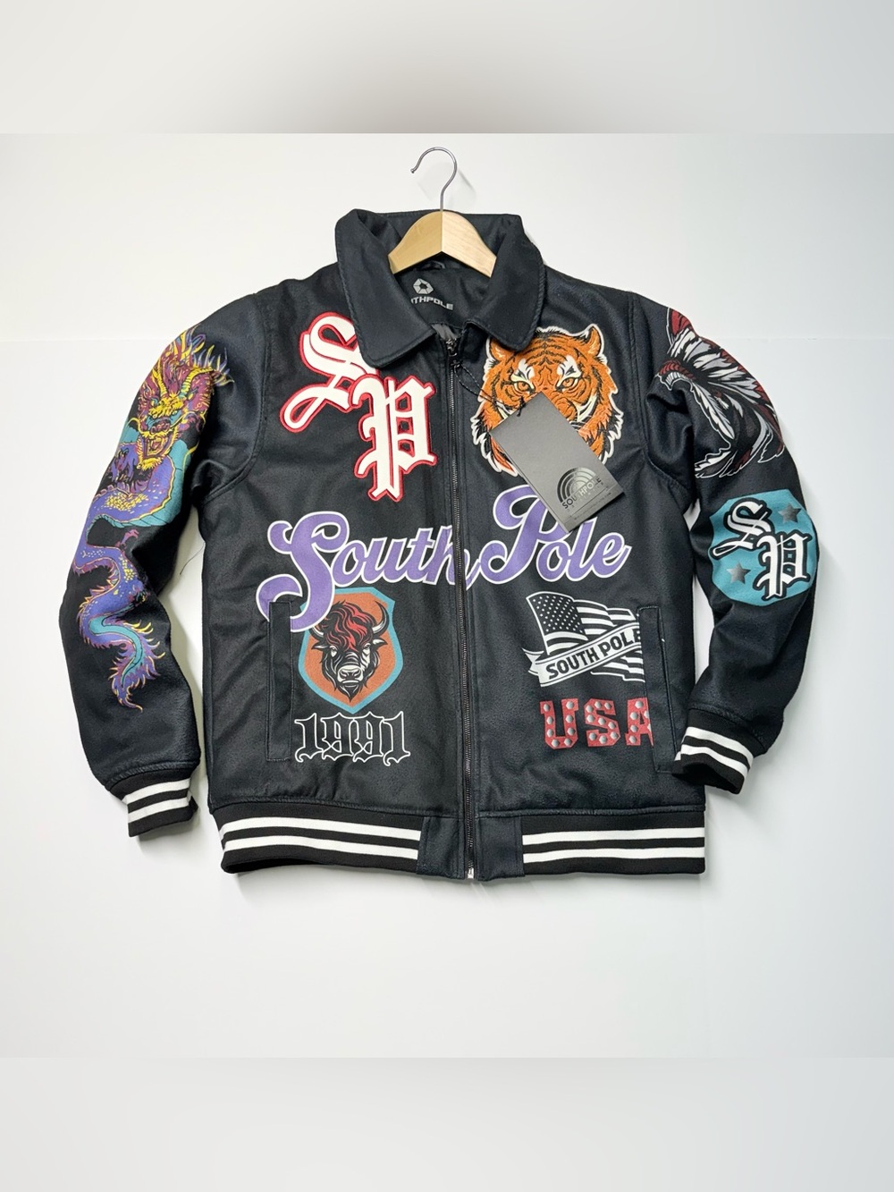 Southpole Varsity Jacket Full Zip All Over Print Retro Style Men’s Size M NWT